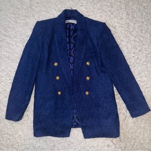 Zara Double-Breasted Navy Bouclé Blazer with Gold Buttons Medium NWOT